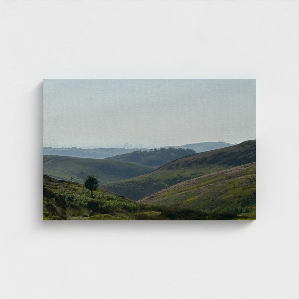 Eco-Friendly Wall Decor Manchester Skyline From Peak District showing green hills with distant city skyline