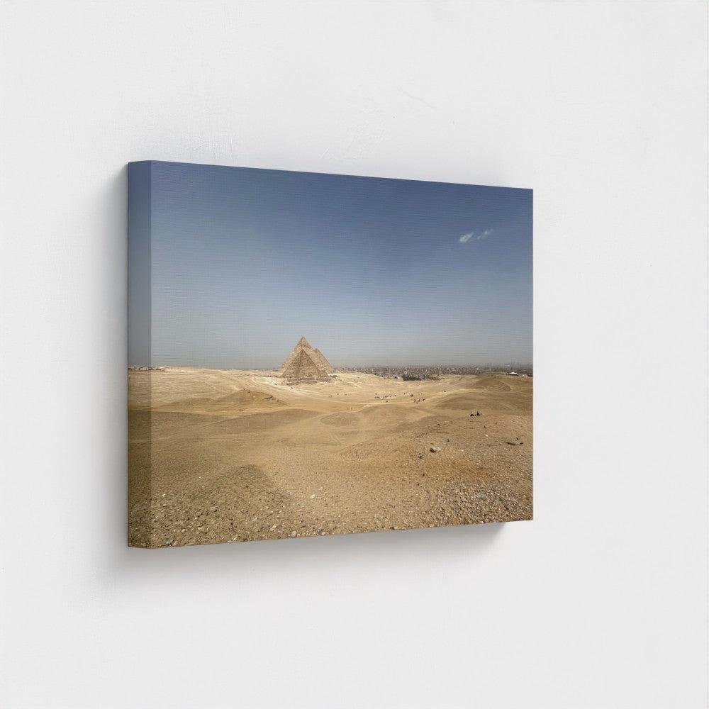 Papi's Canvas Eco-Friendly Wall Decor featuring a desert landscape with pyramids under a clear blue sky