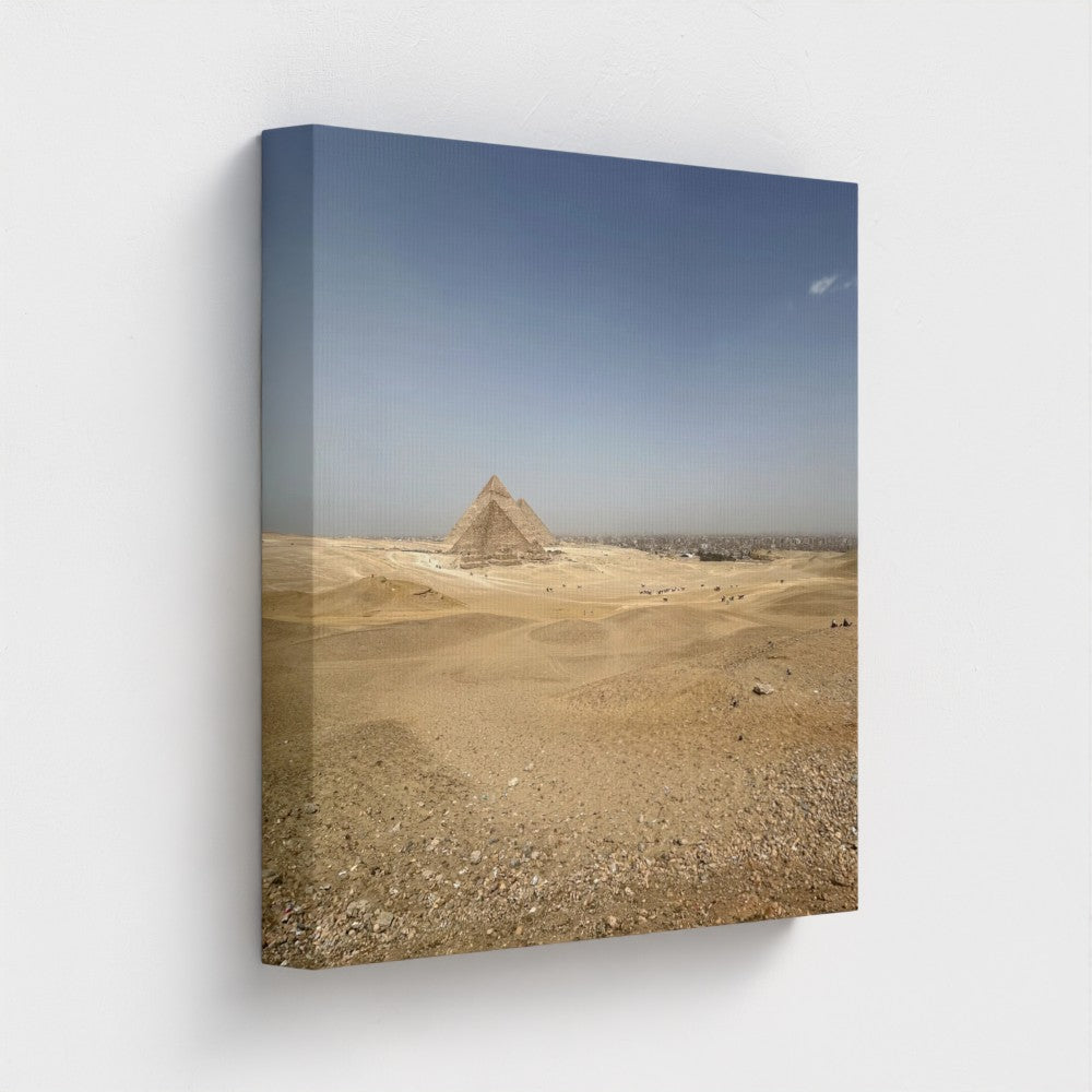 Papi's Canvas eco-friendly wall decor featuring a desert pyramid landscape with clear blue sky