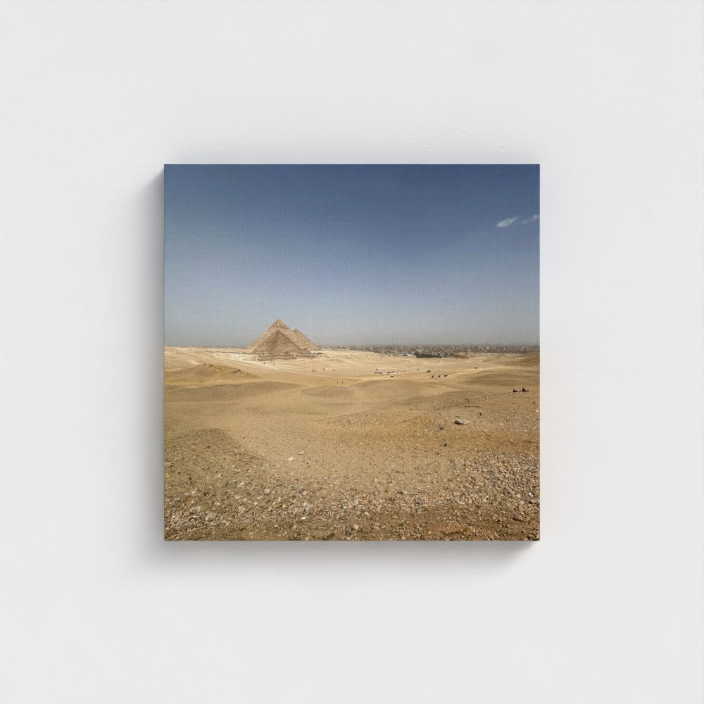 Papi's Canvas featuring Eco-Friendly Wall Decor with a desert pyramid scene under clear blue sky