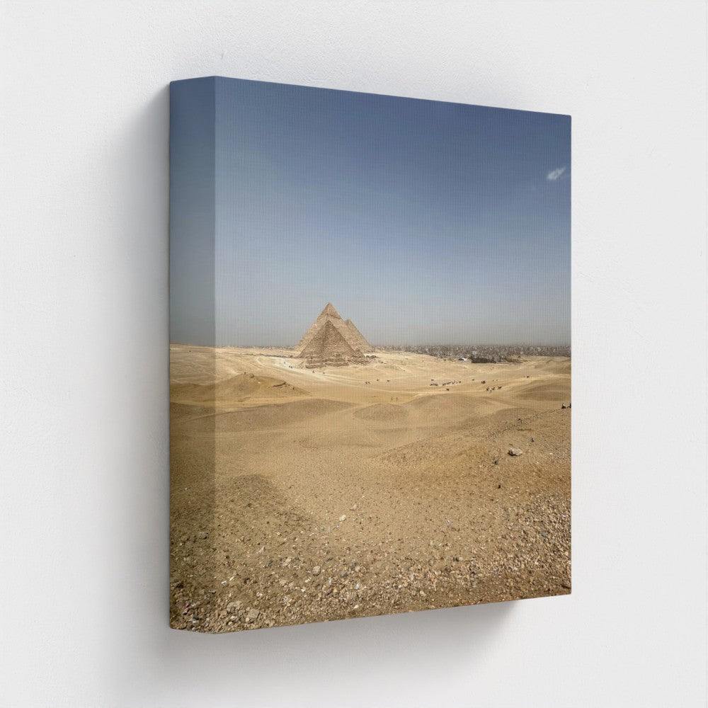 Papi's Canvas eco-friendly wall decor featuring a desert landscape with an Egyptian pyramid under clear blue sky