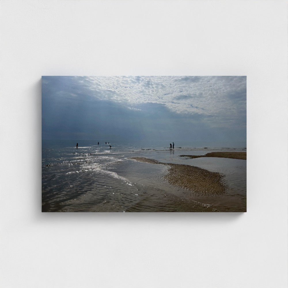 Eco-friendly canvas print showing Blackpool beach with rippled sand, calm waves, and silhouettes of people under a wide sky