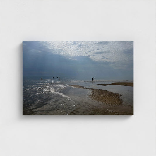 Eco-friendly canvas print showing Blackpool beach with rippled sand, calm waves, and silhouettes of people under a wide sky