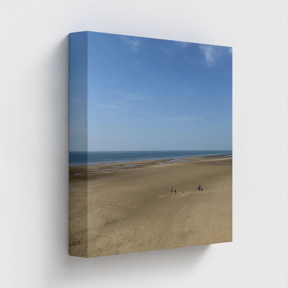 view side of recycled and printed with vegan inks canvas featuring Blackpool wide open space beach with figures, blue sky, and horizon, size: 12''x12''