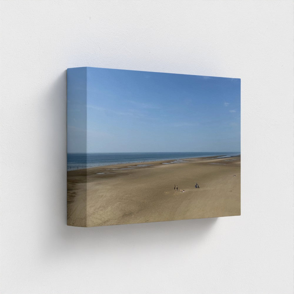 view side of recycled and printed with vegan inks canvas featuring Blackpool wide open space beach with figures, blue sky, and horizon, size: 12''x8''