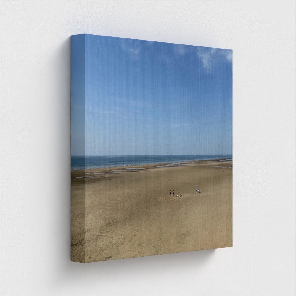 view side of recycled and printed with vegan inks canvas featuring Blackpool wide open space beach with figures, blue sky, and horizon, size: 16''x16''