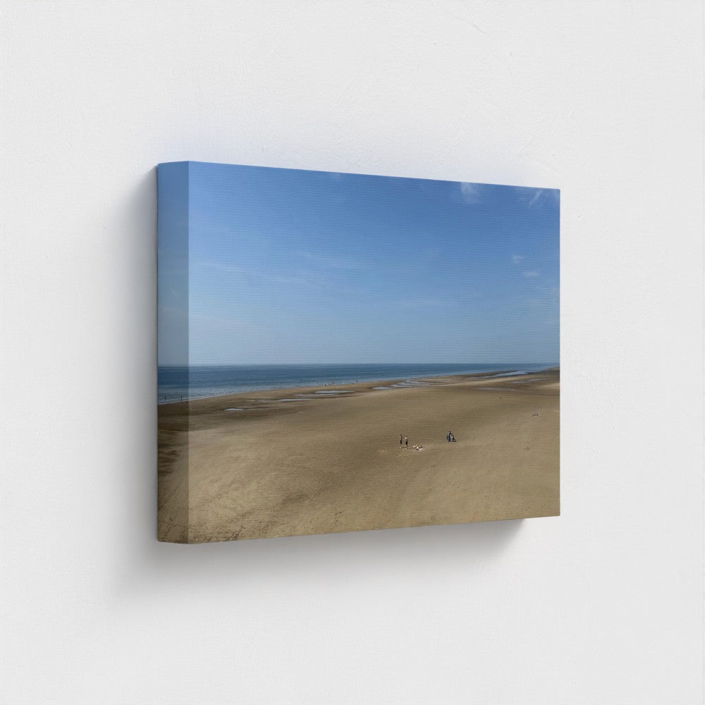 view side of recycled and printed with vegan inks canvas featuring Blackpool wide open space beach with figures, blue sky, and horizon, size: 18''x12''