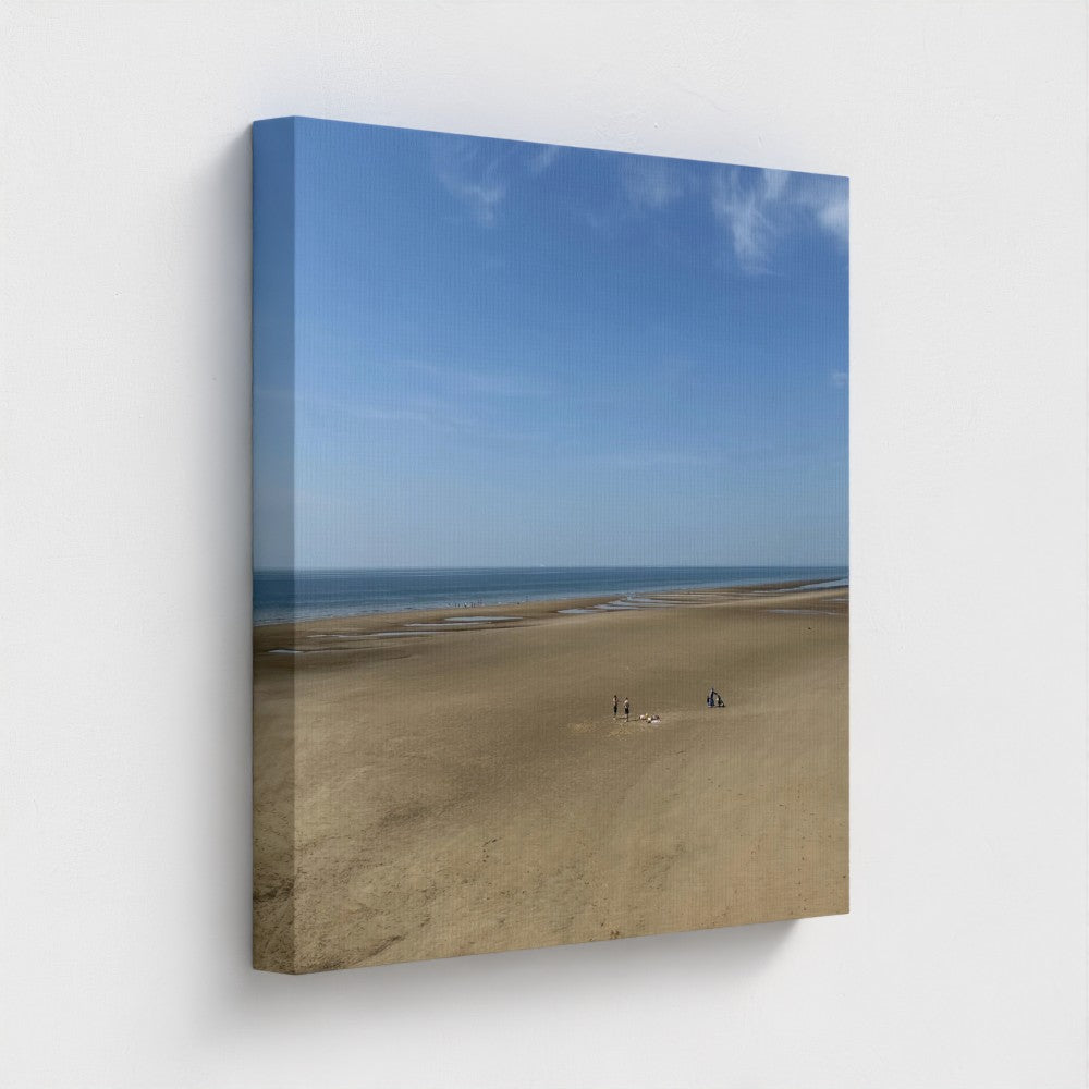 view side of recycled and printed with vegan inks canvas featuring Blackpool wide open space beach with figures, blue sky, and horizon, size: 20''x20''
