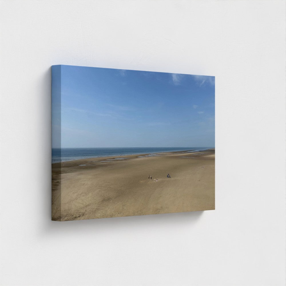 view side of recycled and printed with vegan inks canvas featuring Blackpool wide open space beach with figures, blue sky, and horizon, size: 24''x16''