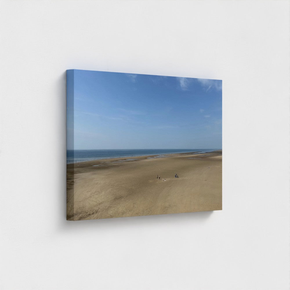 view side of recycled and printed with vegan inks canvas featuring Blackpool wide open space beach with figures, blue sky, and horizon, size: 30''x20''