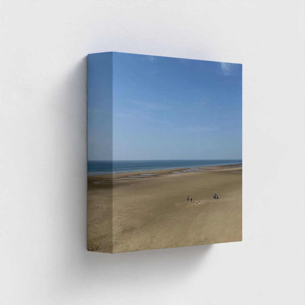 view side of recycled and printed with vegan inks canvas featuring Blackpool wide open space beach with figures, blue sky, and horizon, size: 8''x8''