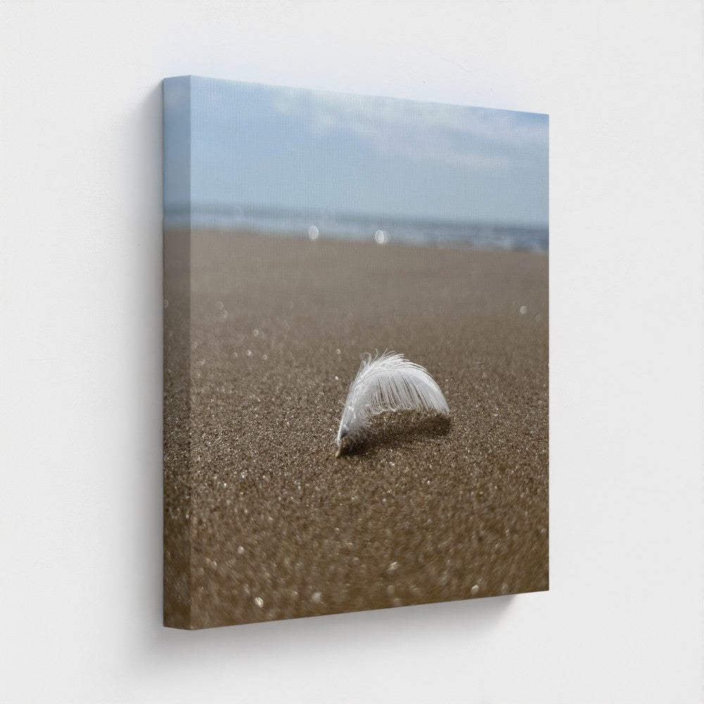 Papi's Canvas beach wall art eco-friendly decor featuring a feather resting on sandy shore with ocean background