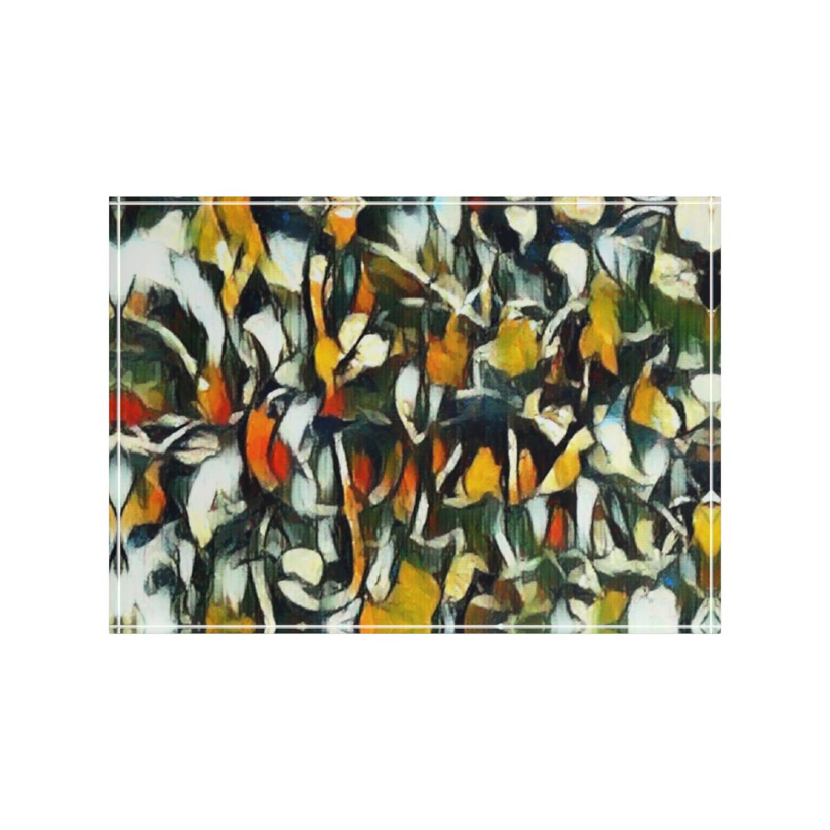 Front view on white background featuring deep black and amber floral abstraction