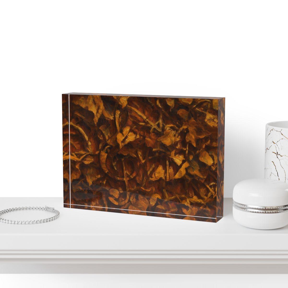 Mockup of block styled on a console table with sculptural décor accents