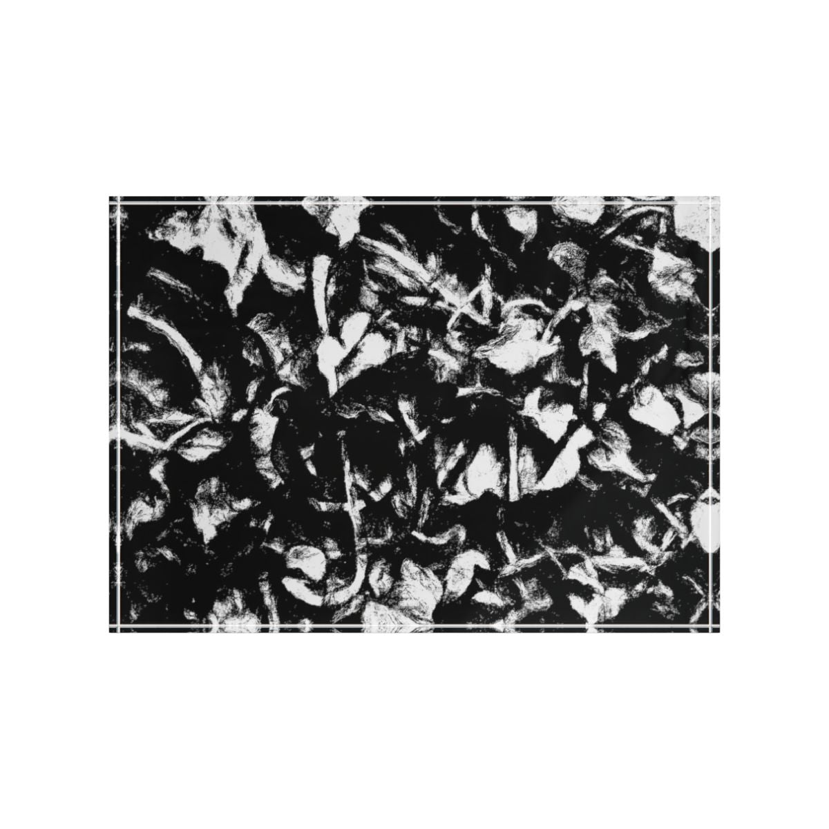 Front view on white background featuring high-contrast charcoal and ivory abstraction