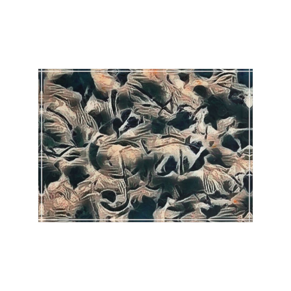 Front view on white background featuring charcoal and neutral abstraction in moody layers