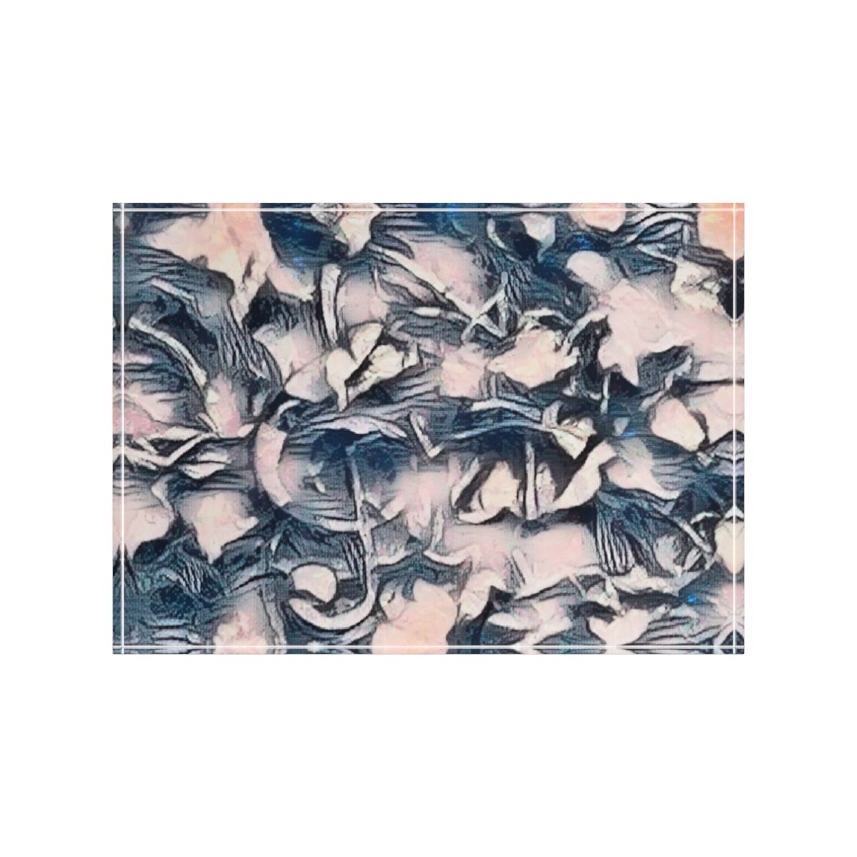 Front view on white background with slate-blue lace-like abstraction and blush accents