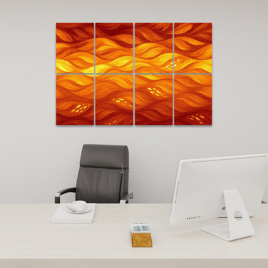 A fiery gradient shifting from ember red to glowing amber imparts warmth and visual dynamism, animating the wall with its energetic rhythm