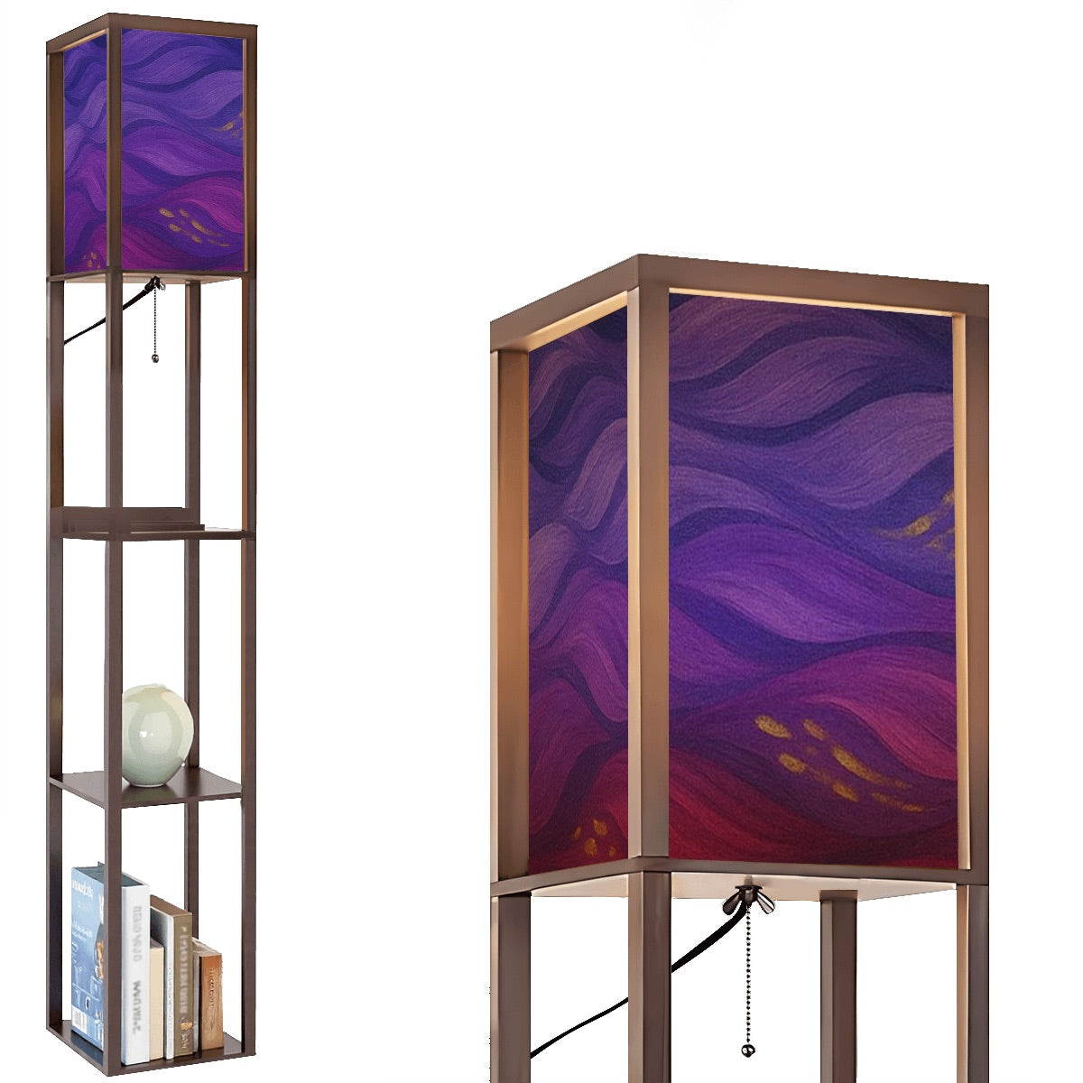 Walnut-finished wood floor lamp with three open square shelves—one holding a ceramic vase, another stacked books—and a linen cube shade featuring vibrant purple, magenta and gold wavy abstract patterns. A pull-chain switch and black power cord hang below.
