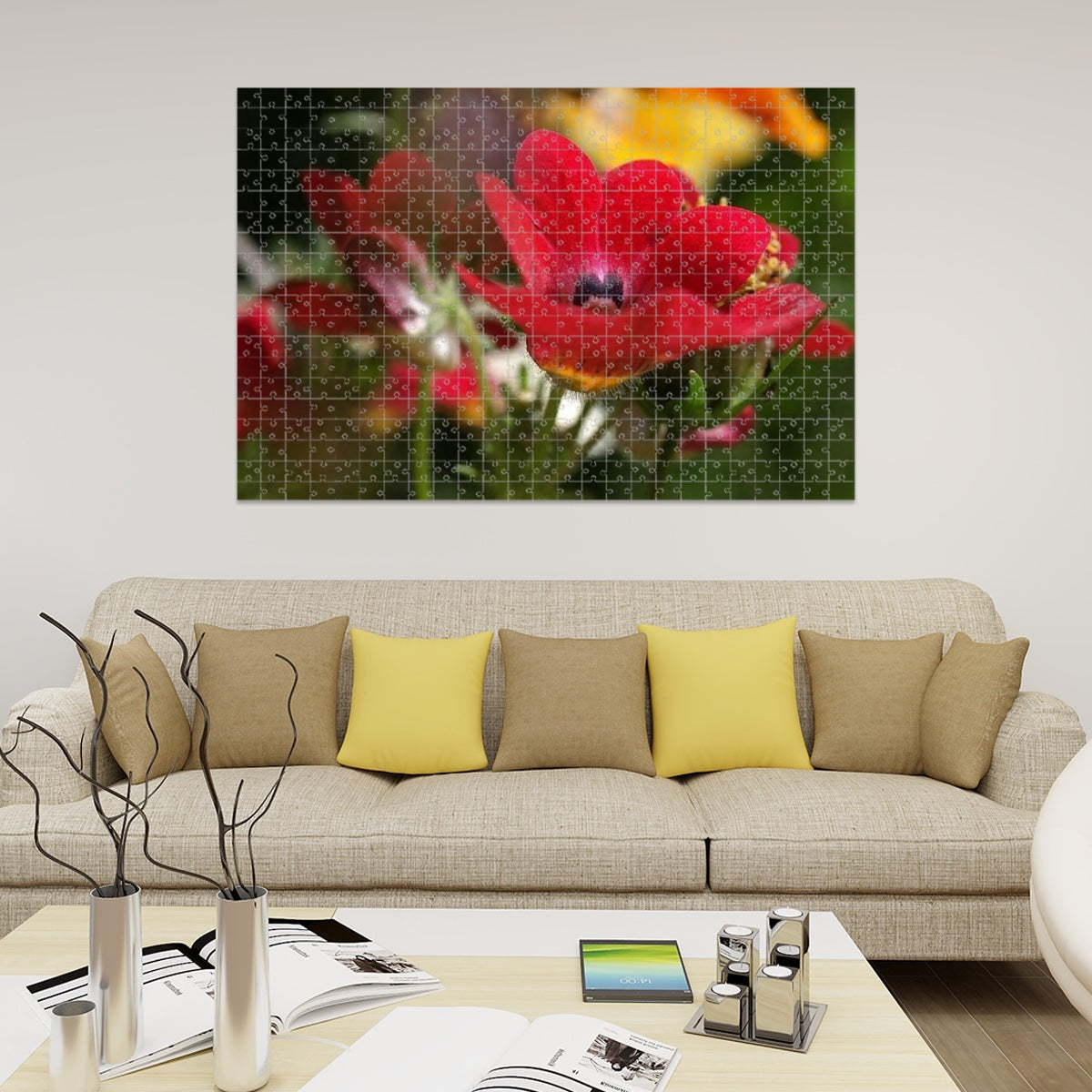 1000-piece wooden jigsaw puzzle showing a vibrant close-up of a red Nemesia flower with lush detail and golden center, full-color version, size 29.5" x 19.7", weight: 0.75kg