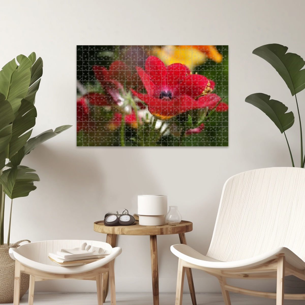 1000-piece wooden jigsaw puzzle showing a vibrant close-up of a red Nemesia flower with lush detail and golden center, full-color version, size 29.5" x 19.7", weight: 0.75kg