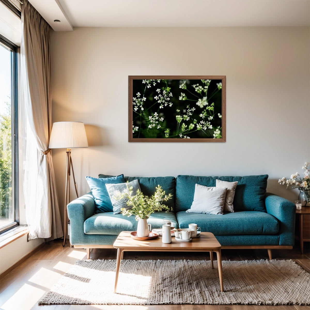 Oak wood jigsaw puzzle with a soft-focus image of white wildflowers in natural lighting and full color detail.