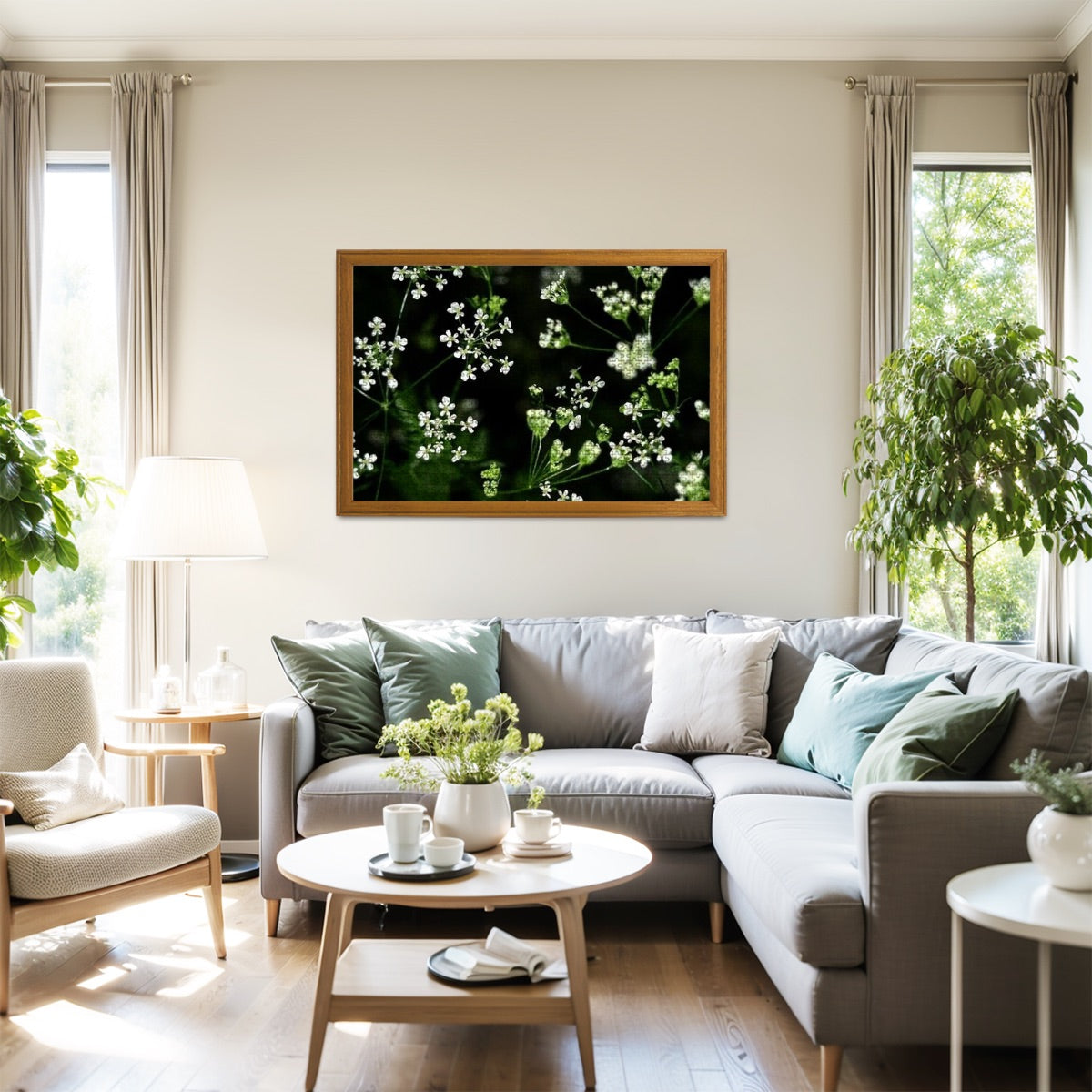 Oak wood jigsaw puzzle with a soft-focus image of white wildflowers in natural lighting and full color detail.