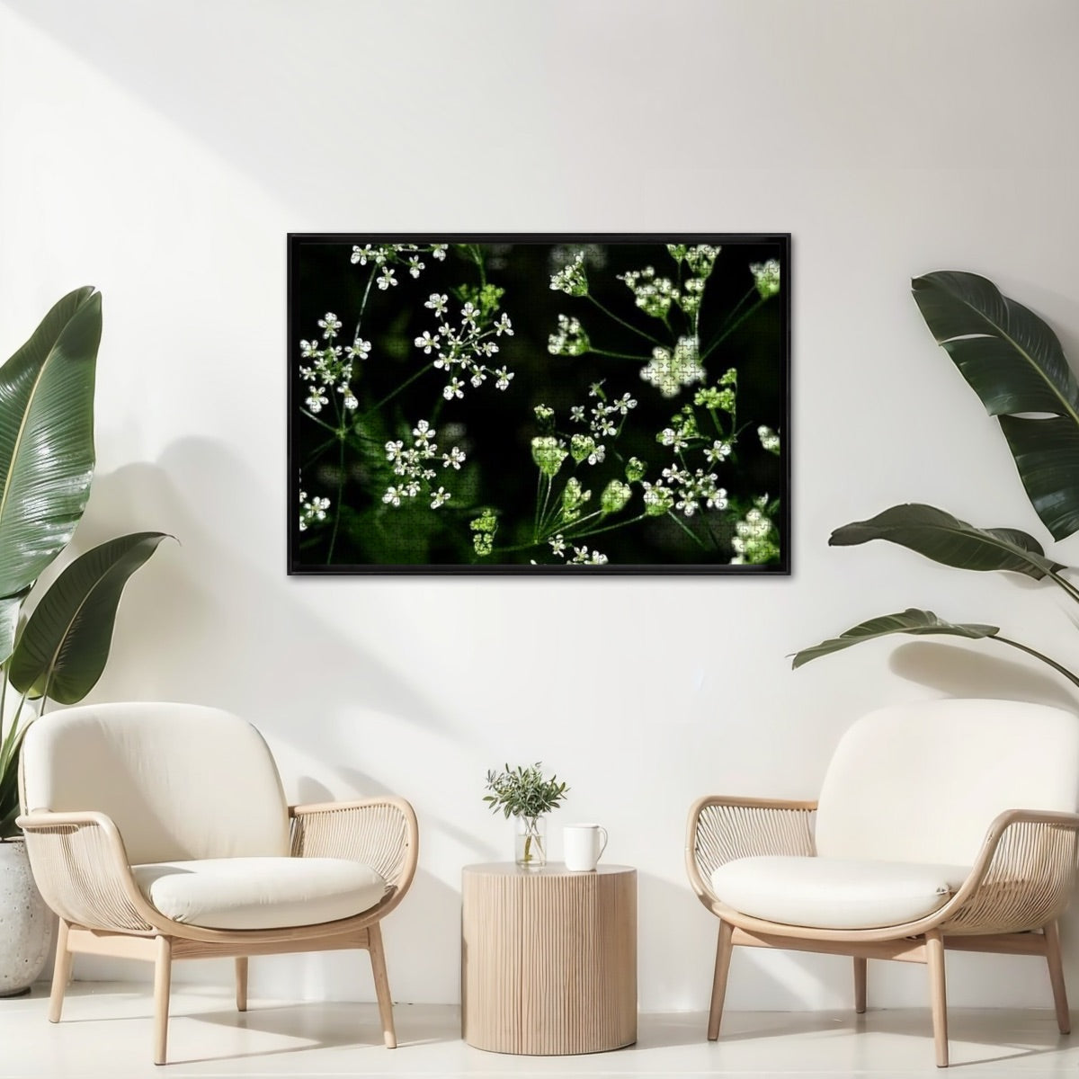 Oak wood jigsaw puzzle with a soft-focus image of white wildflowers in natural lighting and full color detail.