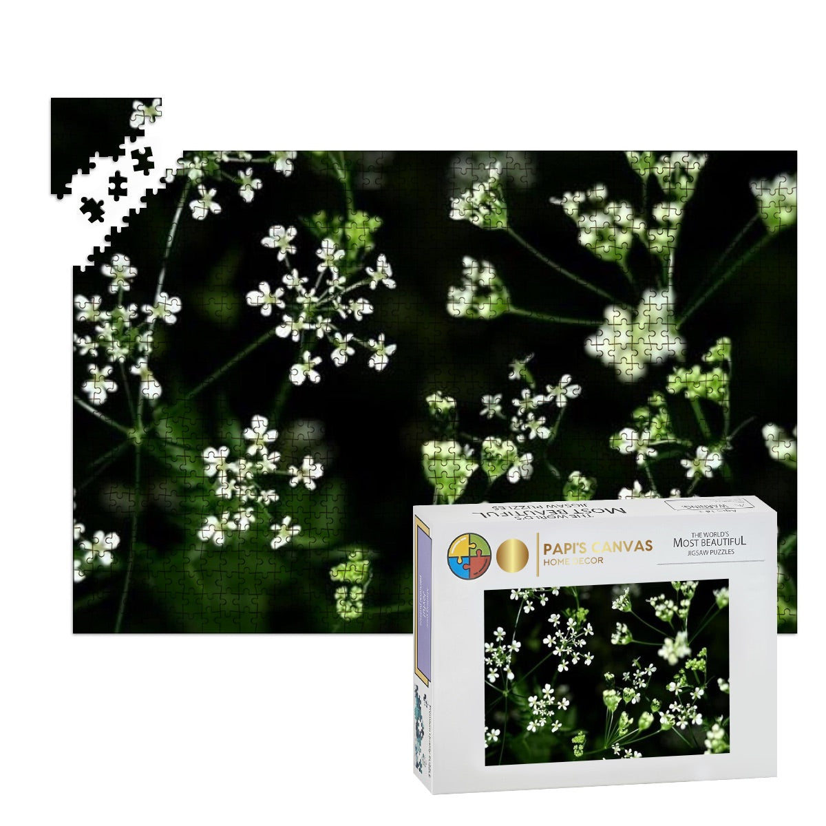 Oak wood jigsaw puzzle with a soft-focus image of white wildflowers in natural lighting and full color detail.