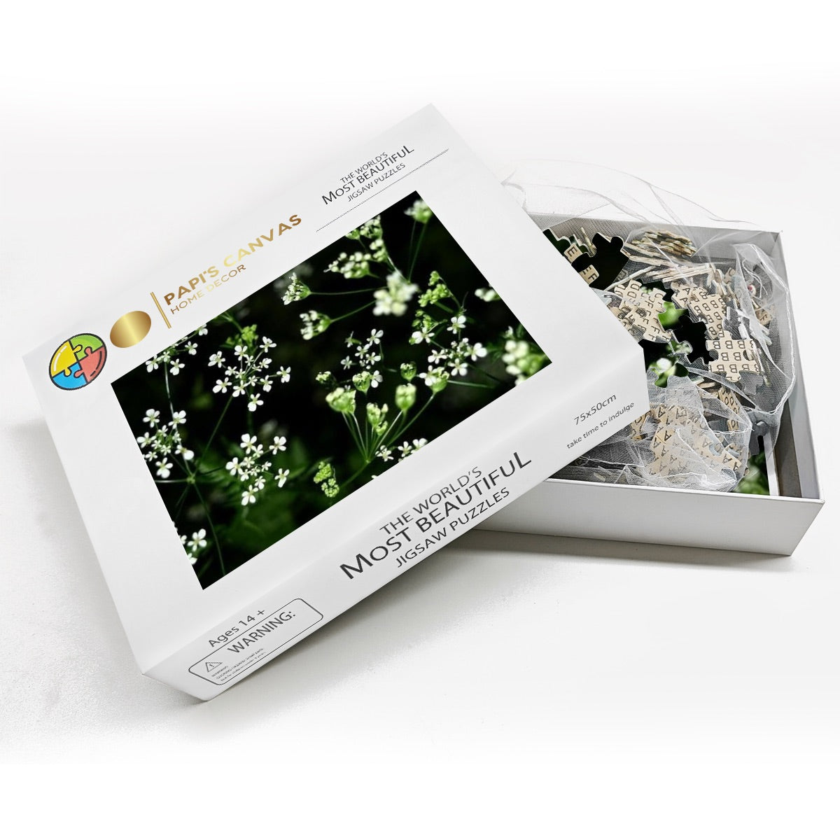 Oak wood jigsaw puzzle with a soft-focus image of white wildflowers in natural lighting and full color detail.