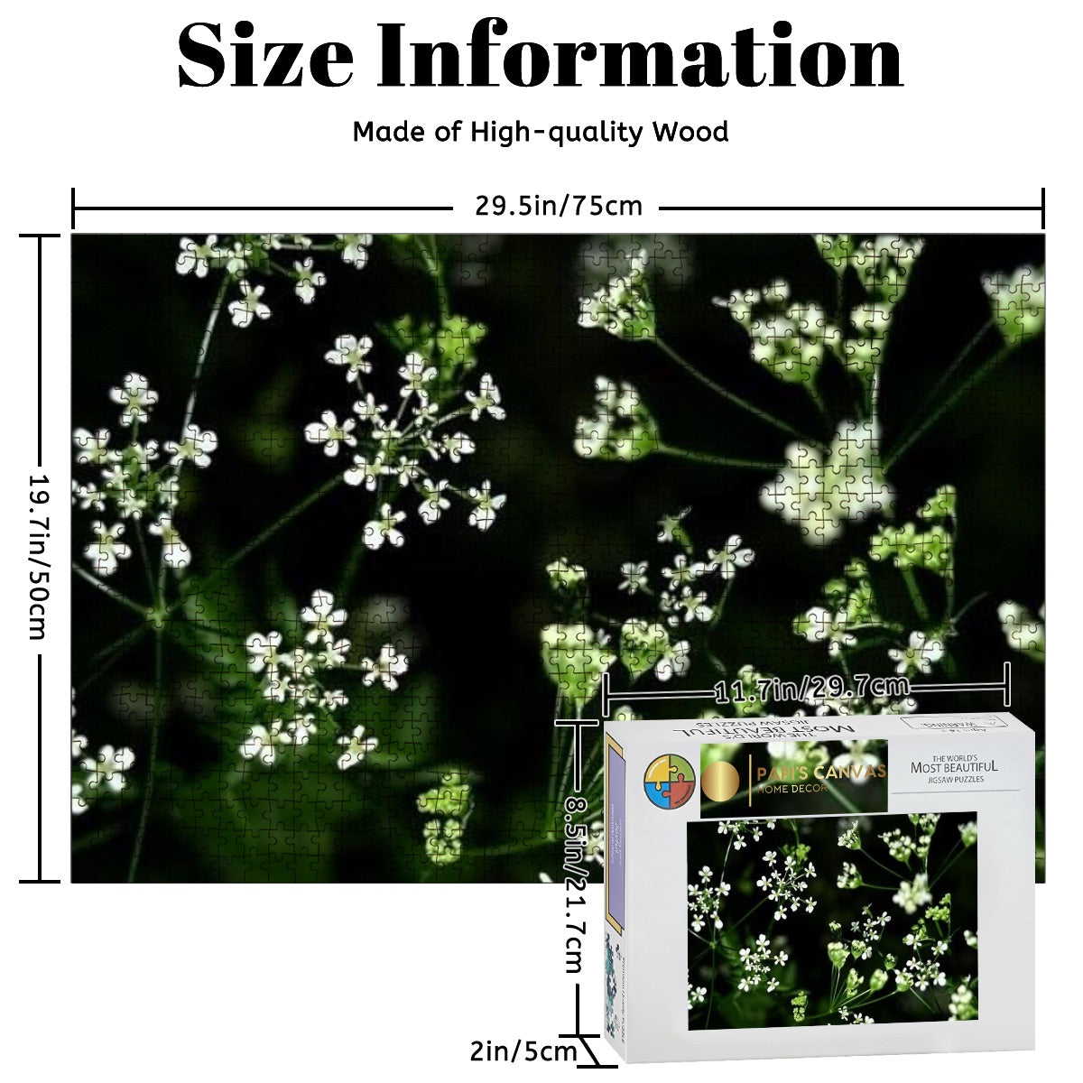 Oak wood jigsaw puzzle with a soft-focus image of white wildflowers in natural lighting and full color detail.