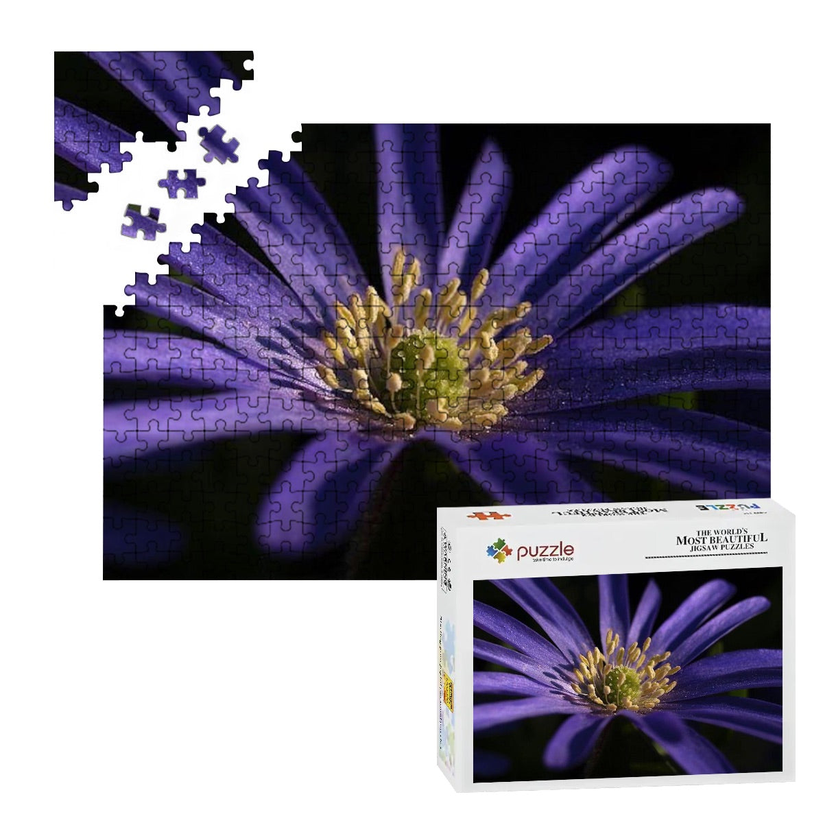 300-piece wooden jigsaw puzzle featuring a full-color close-up of a purple anemone, size 15" x 10.2", weight 0.35 kg