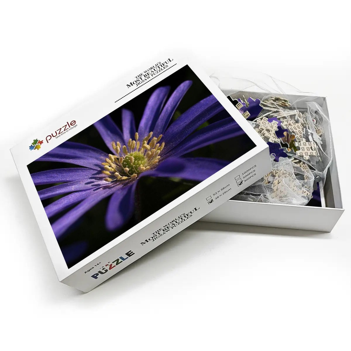 300-piece wooden jigsaw puzzle featuring a full-color close-up of a purple anemone, size 15" x 10.2", weight 0.35 kg