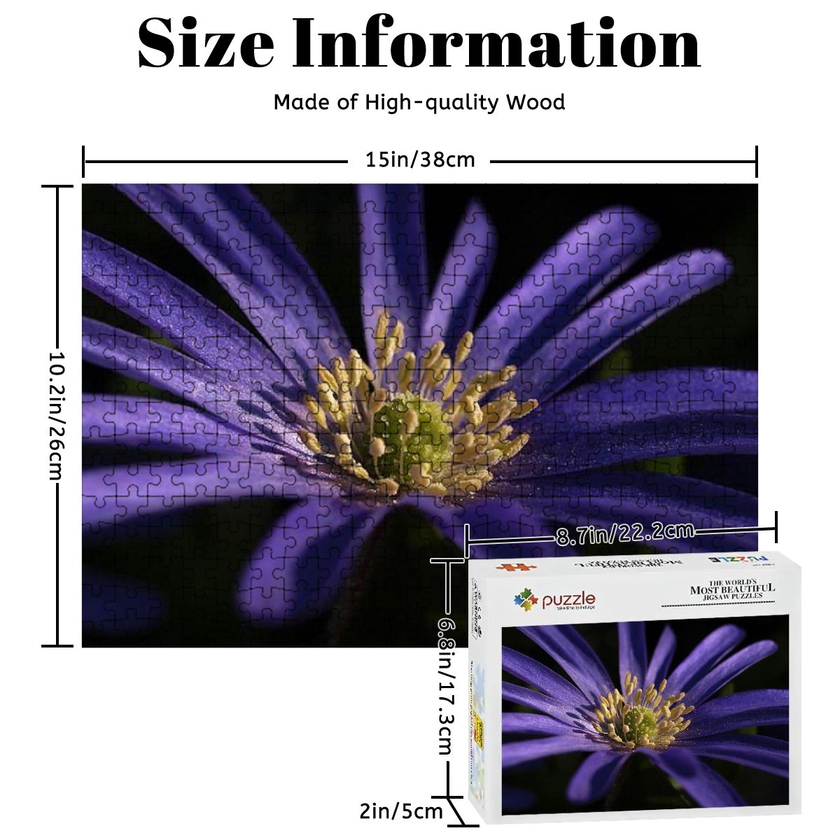 300-piece wooden jigsaw puzzle featuring a full-color close-up of a purple anemone, size 15" x 10.2", weight 0.35 kg
