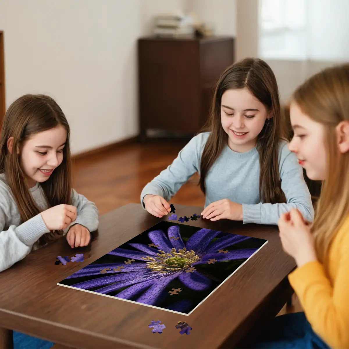 300-piece wooden jigsaw puzzle featuring a full-color close-up of a purple anemone, size 15" x 10.2", weight 0.35 kg