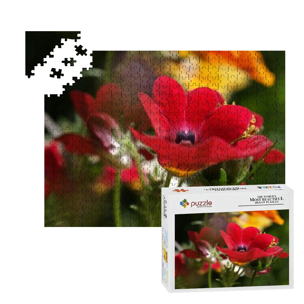 500-piece wooden jigsaw puzzle showing a vivid close-up of a red Nemesia flower with fine detail and golden center, full-color version, size 20.5" x 15"