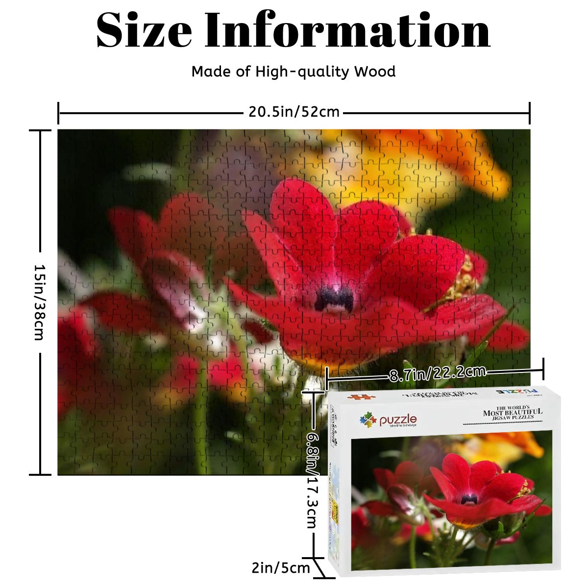 500-piece wooden jigsaw puzzle showing a vivid close-up of a red Nemesia flower with fine detail and golden center, full-color version, size 20.5" x 15"