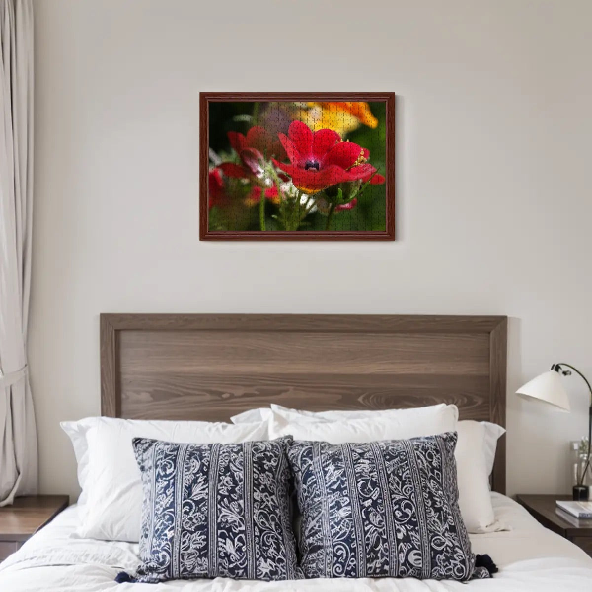 500-piece wooden jigsaw puzzle showing a vivid close-up of a red Nemesia flower with fine detail and golden center, full-color version, size 20.5" x 15"