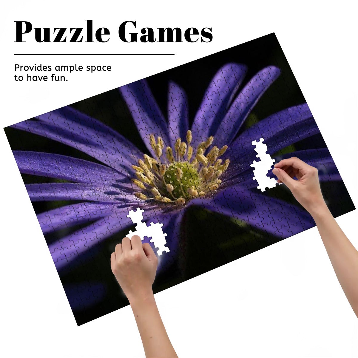 500-piece wooden jigsaw puzzle with close-up image of a purple anemone in full color, size 20.5" x 15"
