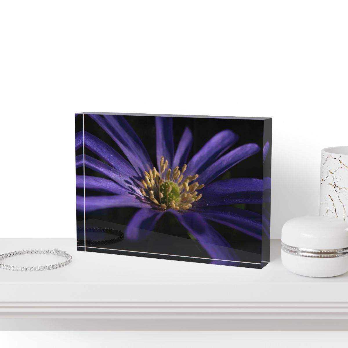 Acrylic photo block featuring a full color close-up of a Purple Anemone flower, printed in high definition on 7"x5"x1" crystal-clear acrylic.