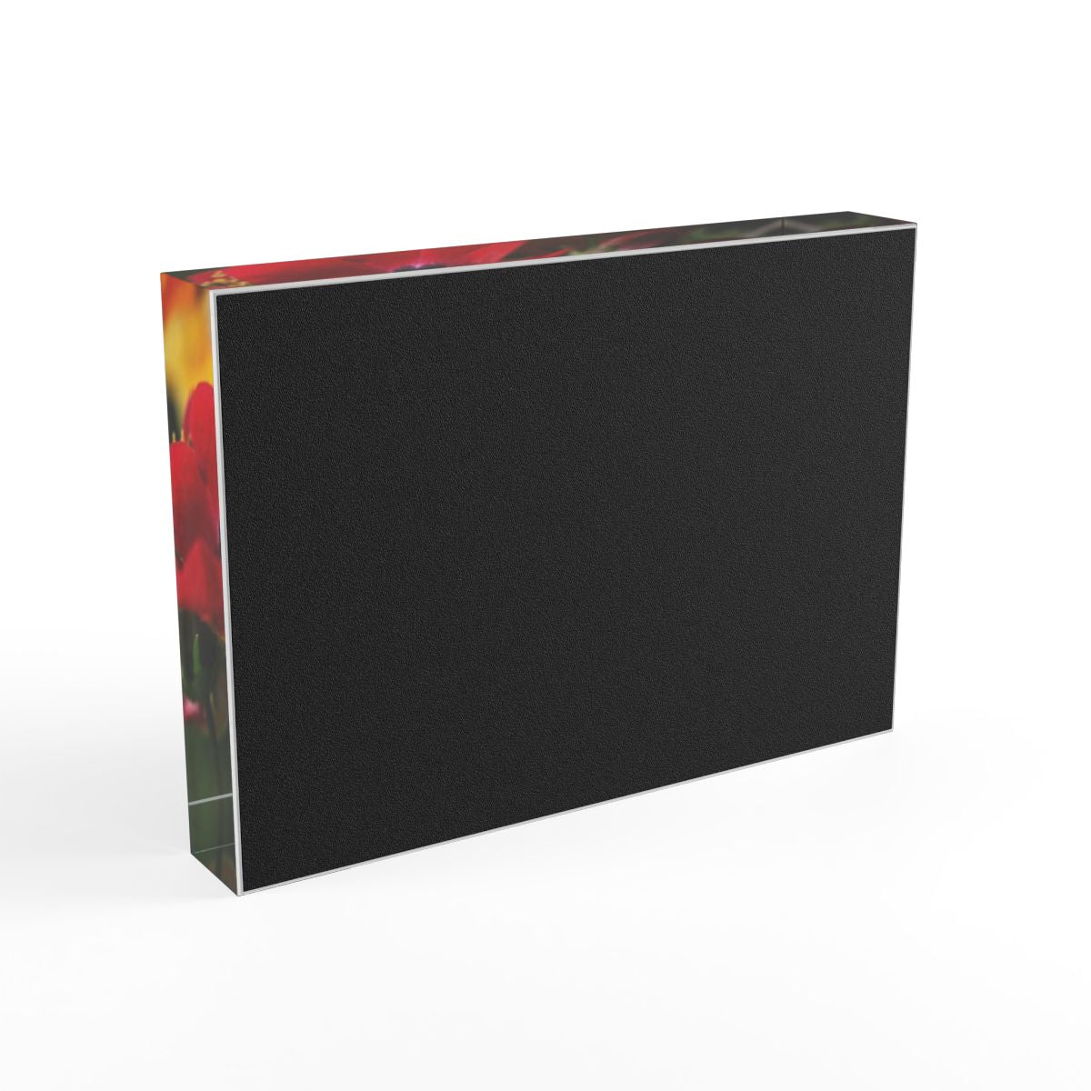 floral acrylic photo block size: 7''x5'' horizontal featuring close up photograph of red flower white green yellow background