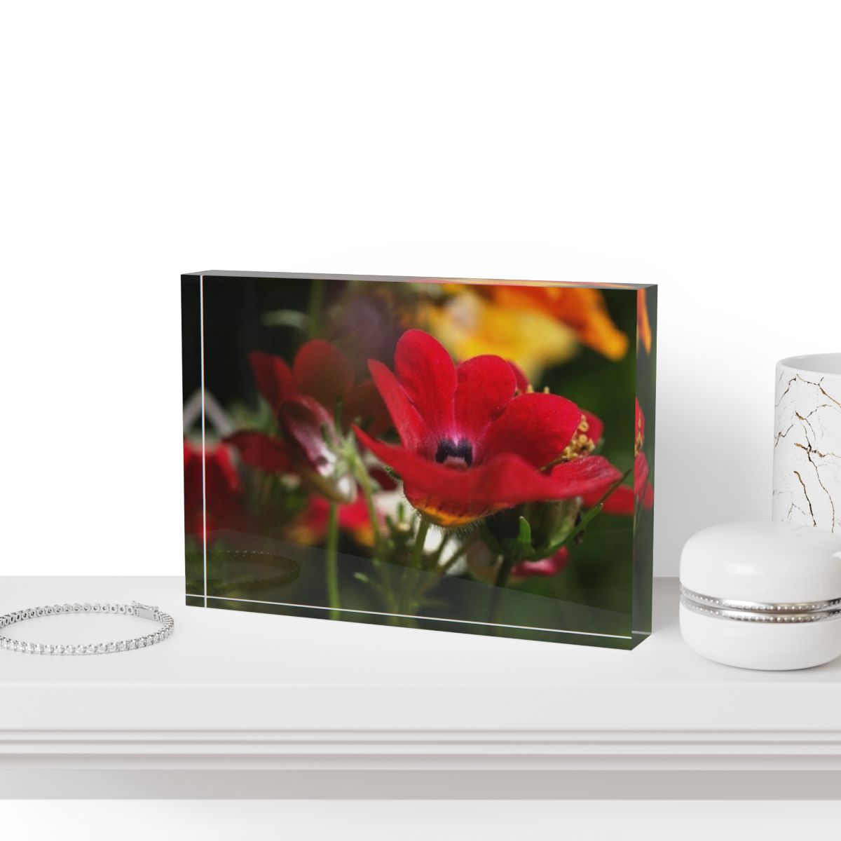 floral acrylic photo block size: 7''x5'' horizontal featuring close up photograph of red flower white green yellow background