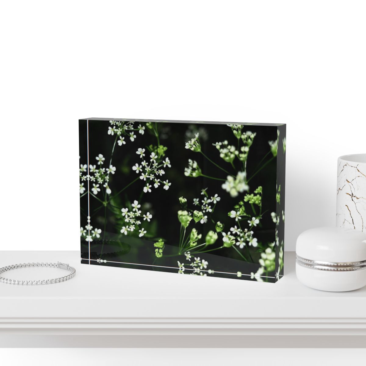 Acrylic Photo Block size 7''x5'' (horizontal) photograph of white little flowers with green and black background