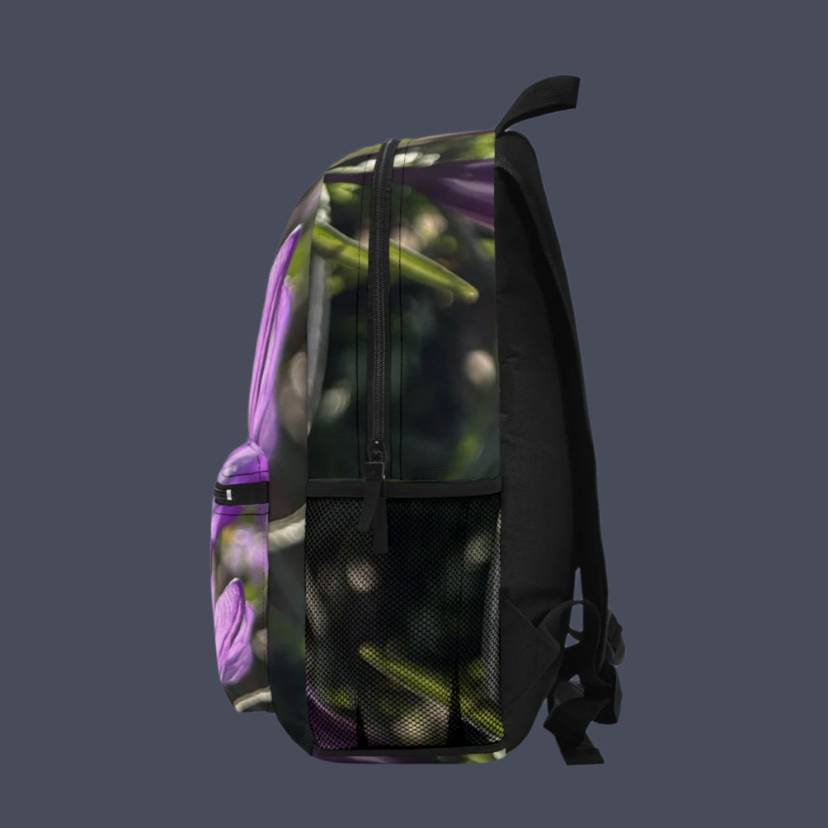 Right side of backpack featuring blooming purple crocuses with zipper details and floral pattern continuity.