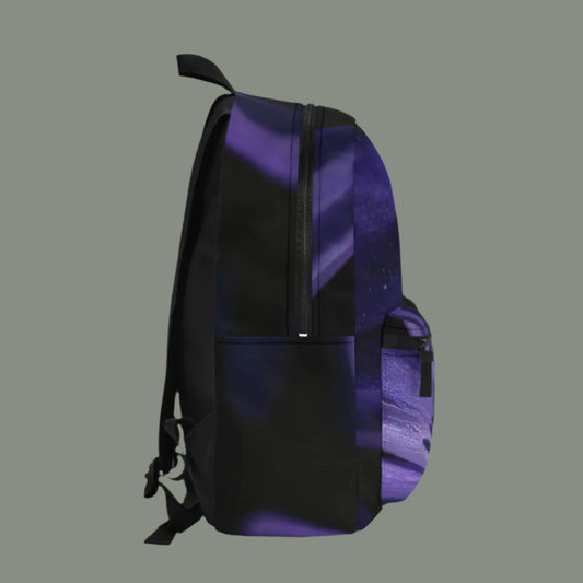 Left side of backpack showing deep purple petals and side pocket with floral print wrapping around.