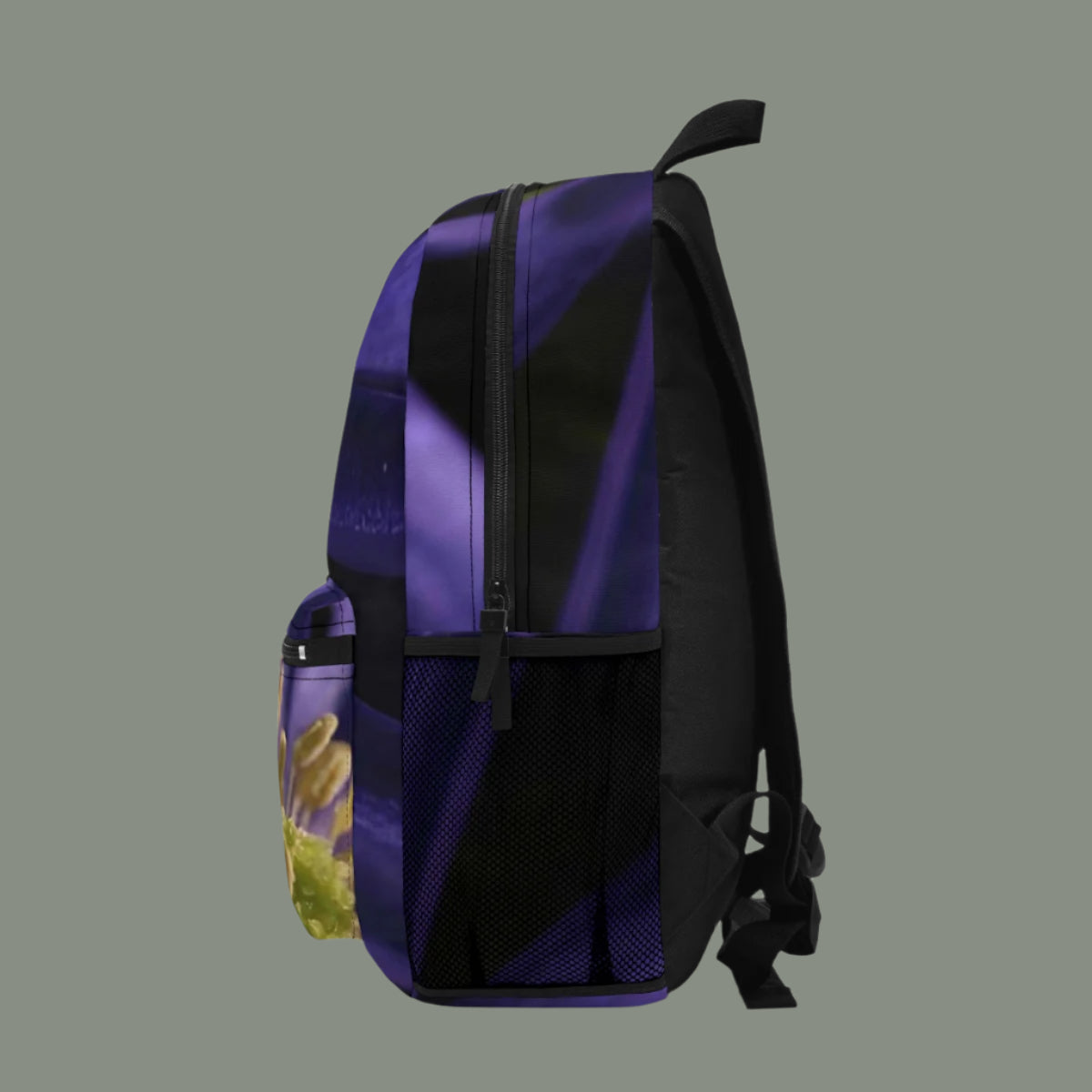 Right side of backpack with large anemone bloom and smooth zipper detail.
