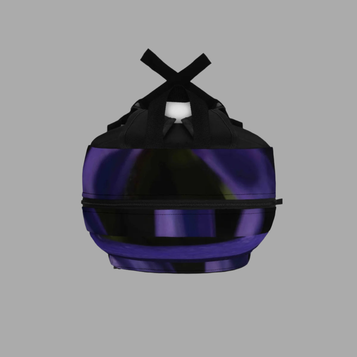 Top-down view of backpack with vibrant purple floral design over handle and top panel.