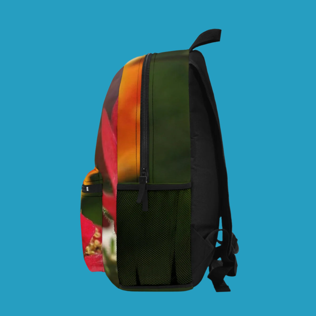 colourful floral backpack featuring red flower