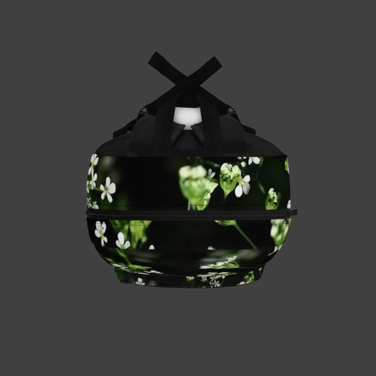 Top-down view of the White Wildflowers backpack in full color, highlighting zipper closures and subtle floral detail near the top seam.