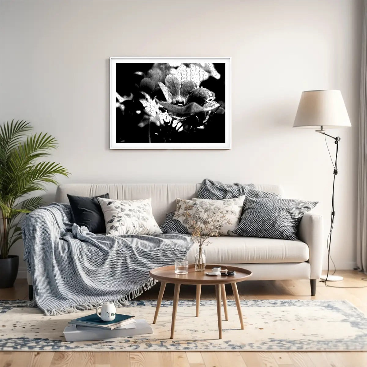 500-piece wooden jigsaw puzzle featuring a black and white version of a red Nemesia flower close-up, highlighting form and contrast, size 20.5" x 15"